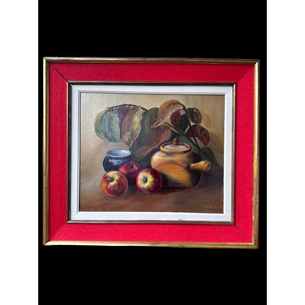 Signed French Still Life Oil Painting: Apples, Teapot, Loire Valley Framed Art